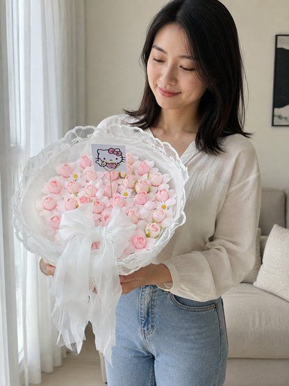 Pink Rose Character Accent Bouquet, person-held angled view; AI design illustration