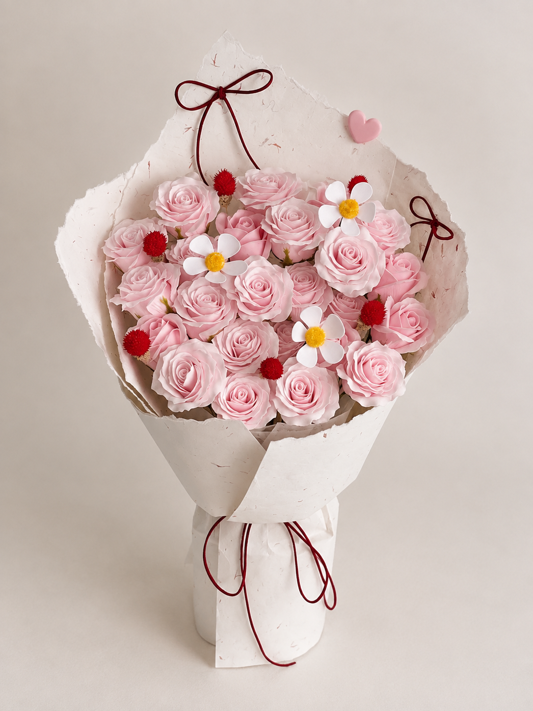 Pink Rose Daisy Burgundy Ribbon Bouquet, front view; AI design illustration