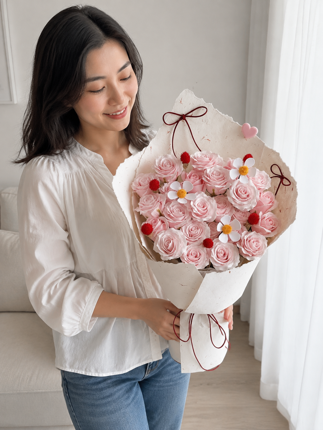 Pink Rose Daisy Burgundy Ribbon Bouquet, person-held angled view; AI design illustration
