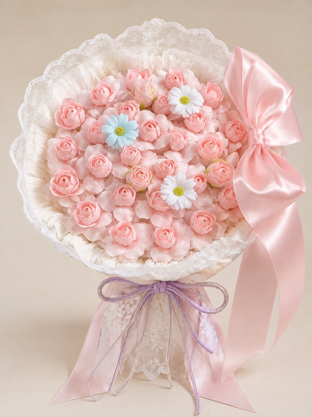 Pink Rose Daisy Grand Lace Bouquet, front view; AI design illustration