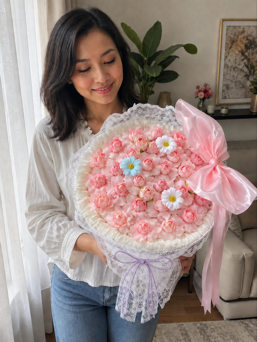 Pink Rose Daisy Grand Lace Bouquet, person-held angled view; AI design illustration