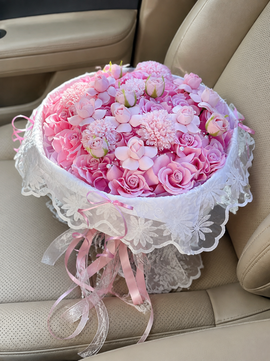 Pink Rose Daisy Lace Bouquet, high-angle car view; AI design illustration