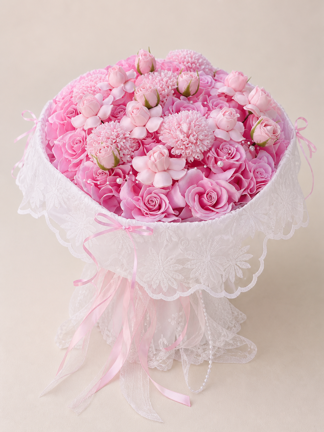 Pink Rose Daisy Lace Bouquet, front view; AI design illustration