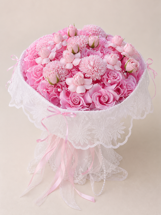 Pink Rose Daisy Lace Bouquet, front view; AI design illustration