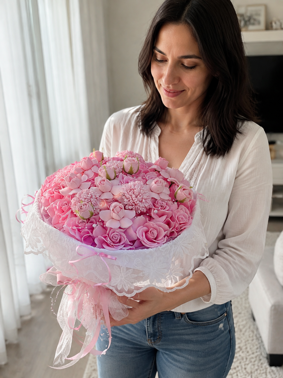 Pink Rose Daisy Lace Bouquet, person-held angled view; AI design illustration