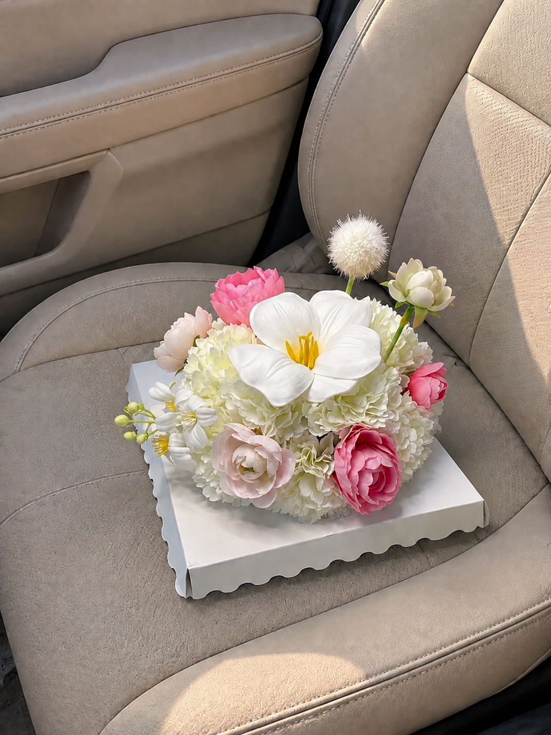 Pink Rose Frangipani Flower Cake, high-angle car view; AI design illustration