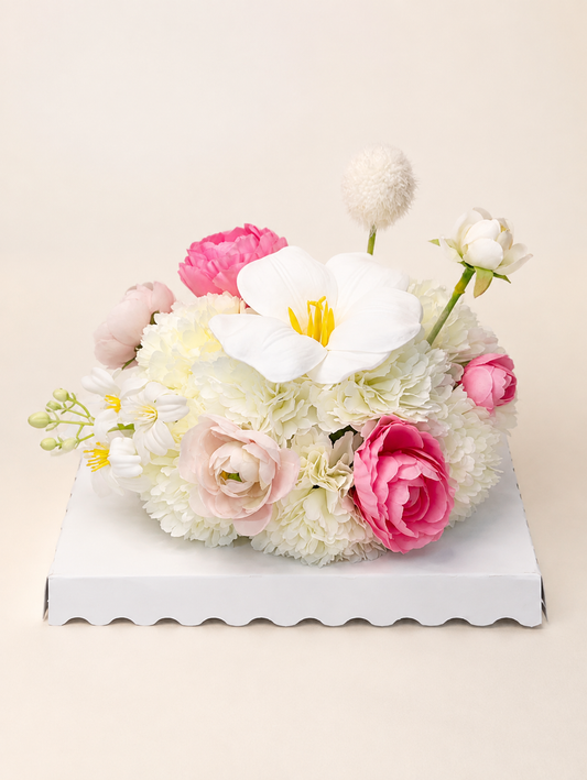 Pink Rose Frangipani Flower Cake, front view; AI design illustration