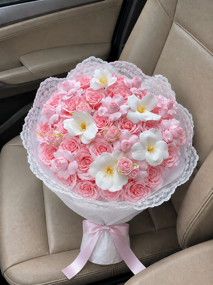 Pink Rose Frangipani Grand Bouquet, high-angle car view; AI design illustration