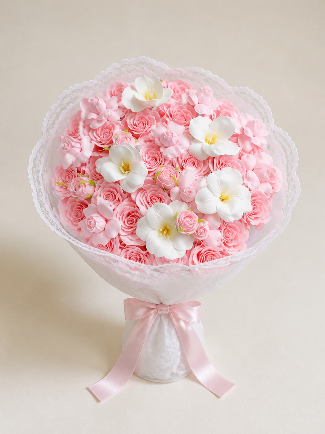 Pink Rose Frangipani Grand Bouquet, front view; AI design illustration