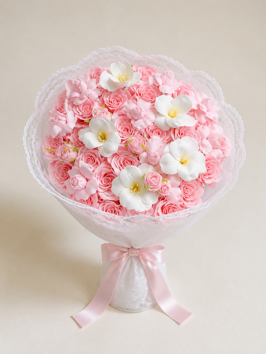 Pink Rose Frangipani Grand Bouquet, front view; AI design illustration