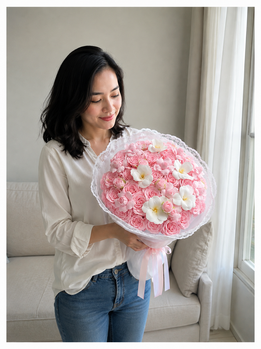 Pink Rose Frangipani Grand Bouquet, person-held angled view; AI design illustration
