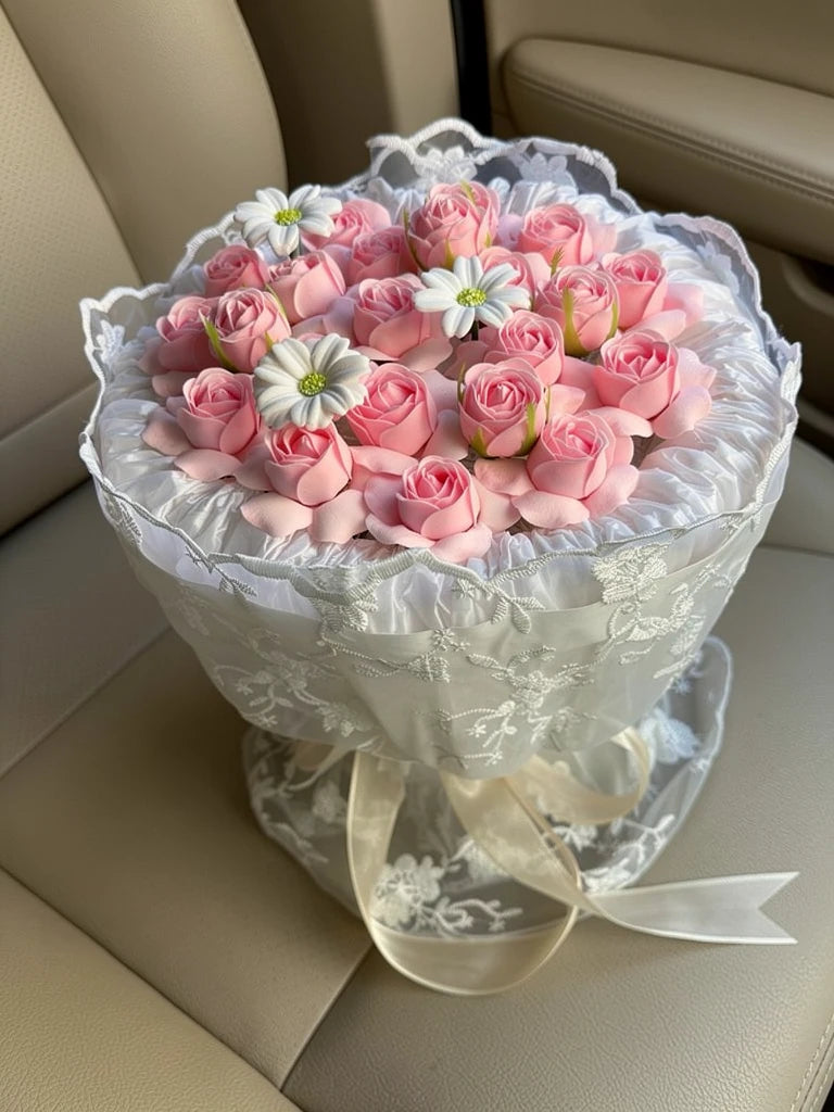 Pink Rose Frangipani Ruffle Bouquet, Medium, high-angle car-seat view; AI lifestyle illustration
