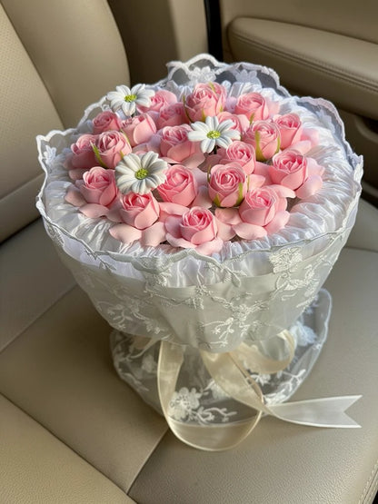 Pink Rose Frangipani Ruffle Bouquet, Medium, high-angle car-seat view; AI lifestyle illustration