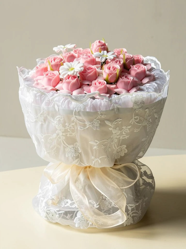 Pink Rose Frangipani Ruffle Bouquet, Medium, front view; AI design illustration