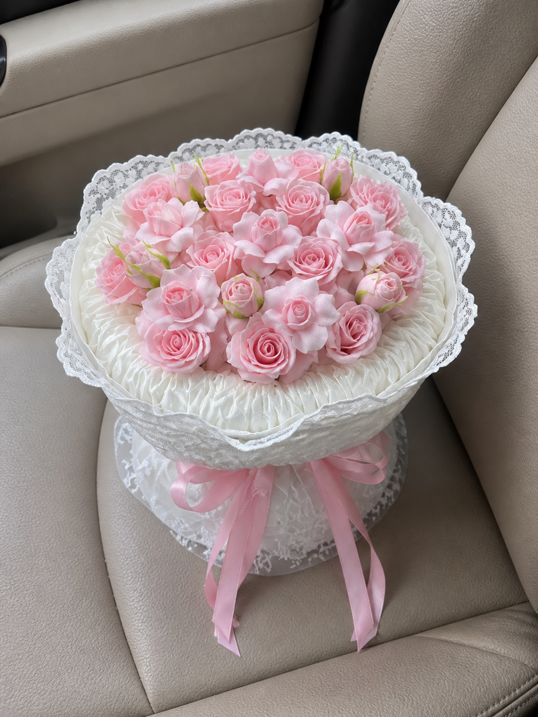 Pink Rose Lace Dream Bouquet, high-angle car view; AI design illustration
