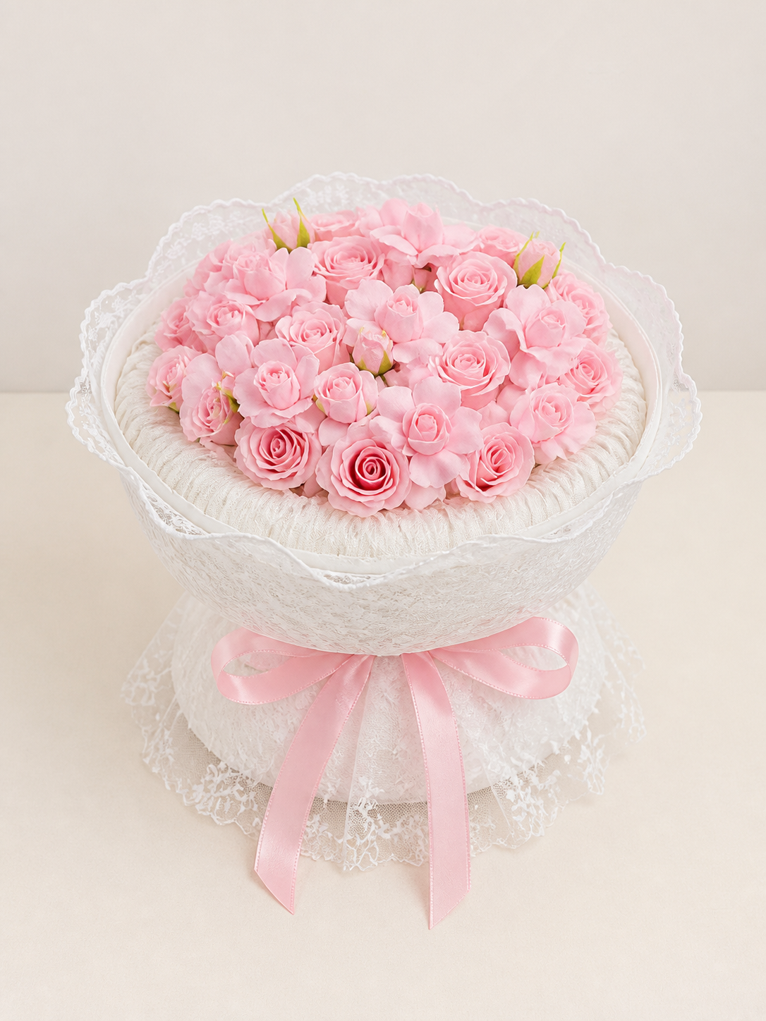 Pink Rose Lace Dream Bouquet, front view; AI design illustration