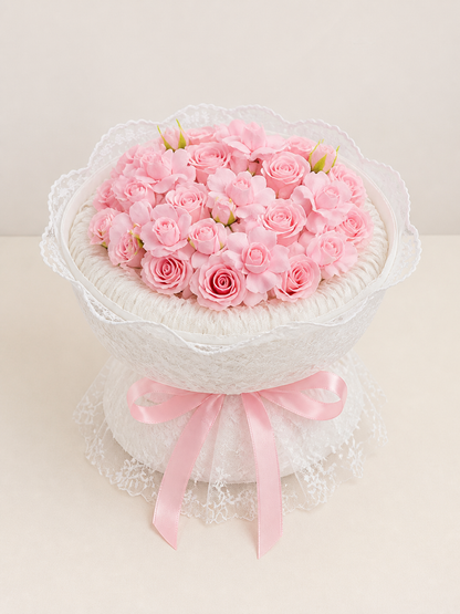 Pink Rose Lace Dream Bouquet, front view; AI design illustration
