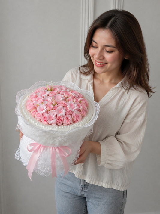 Pink Rose Lace Dream Bouquet, person-held angled view; AI design illustration