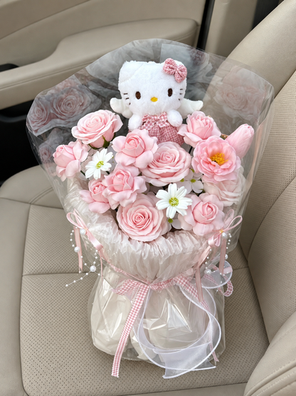 Pink Rose Plush Accent Bouquet, high-angle car view; AI design illustration