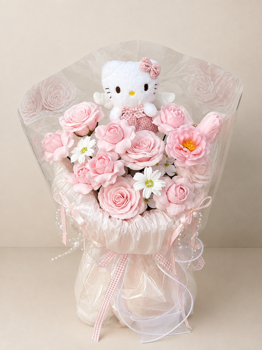 Pink Rose Plush Accent Bouquet, front view; AI design illustration