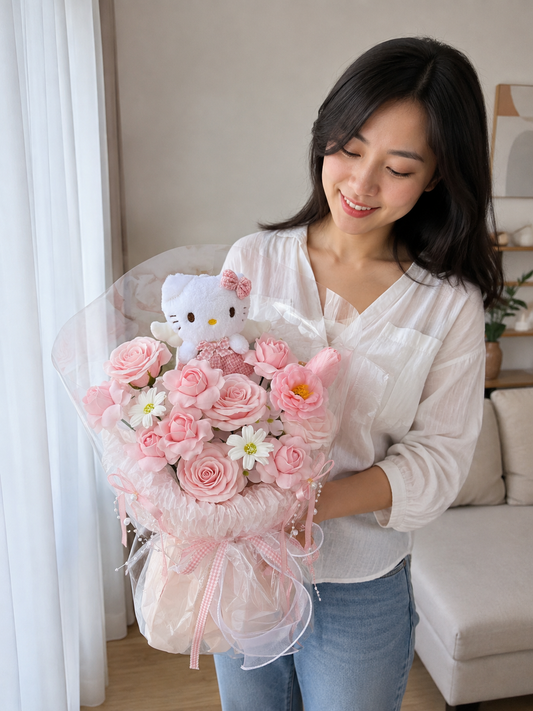 Pink Rose Plush Accent Bouquet, person-held angled view; AI design illustration