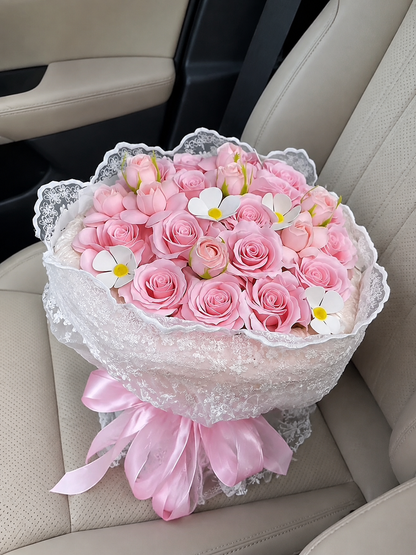 Pink Rose Tulip Daisy Bouquet, high-angle car view; AI design illustration