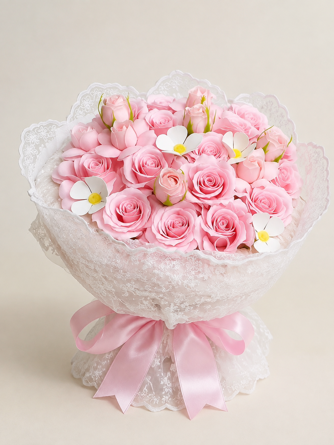 Pink Rose Tulip Daisy Bouquet, front view; AI design illustration