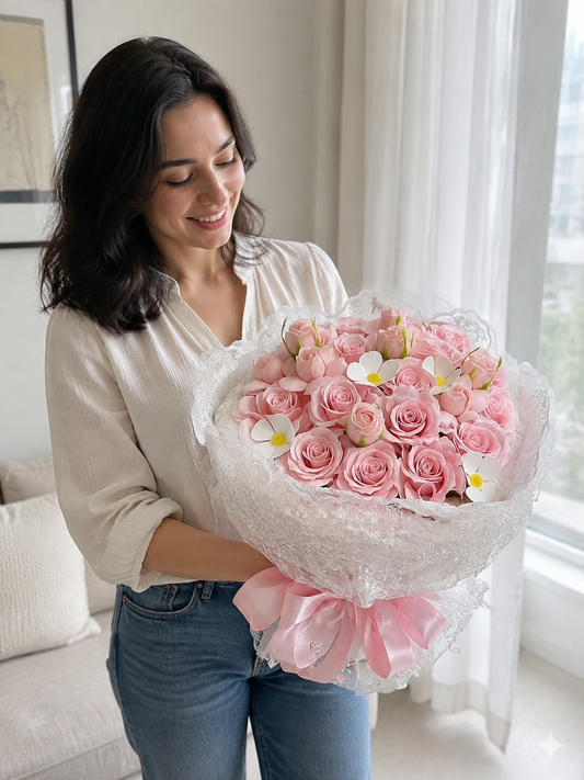 Pink Rose Tulip Daisy Bouquet, person-held angled view; AI design illustration