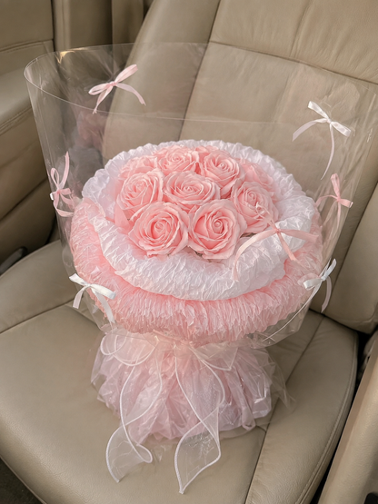 Pink Rose Tulle Posy, high-angle car view; AI design illustration