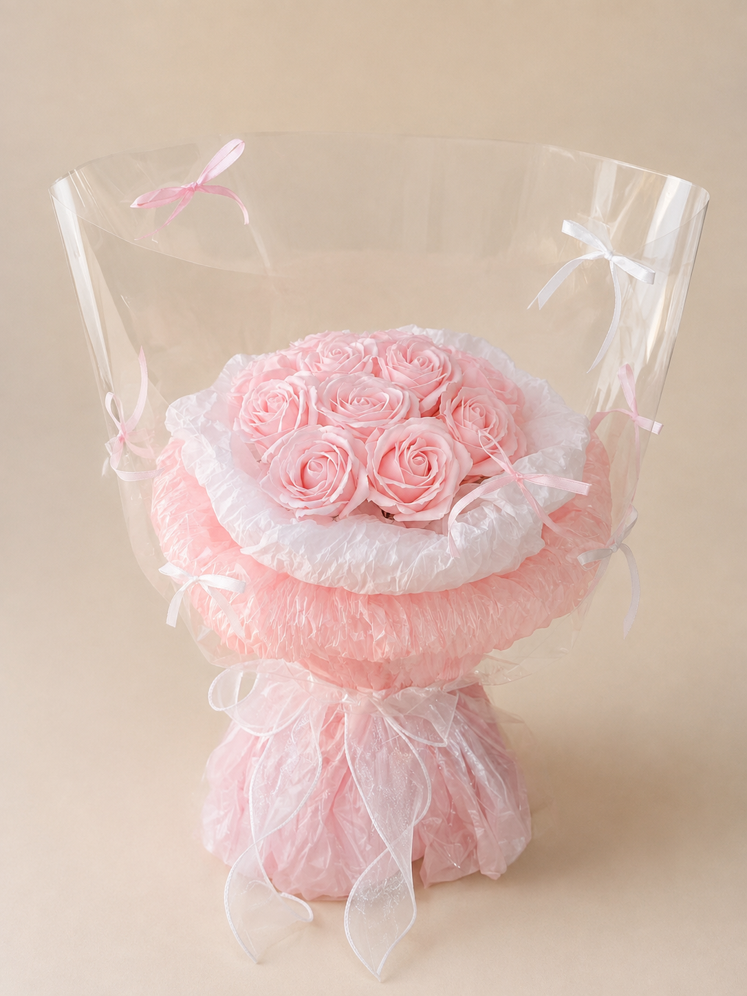 Pink Rose Tulle Posy, front view; AI design illustration