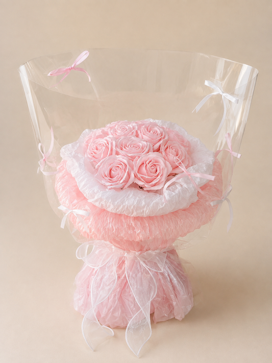 Pink Rose Tulle Posy, front view; AI design illustration