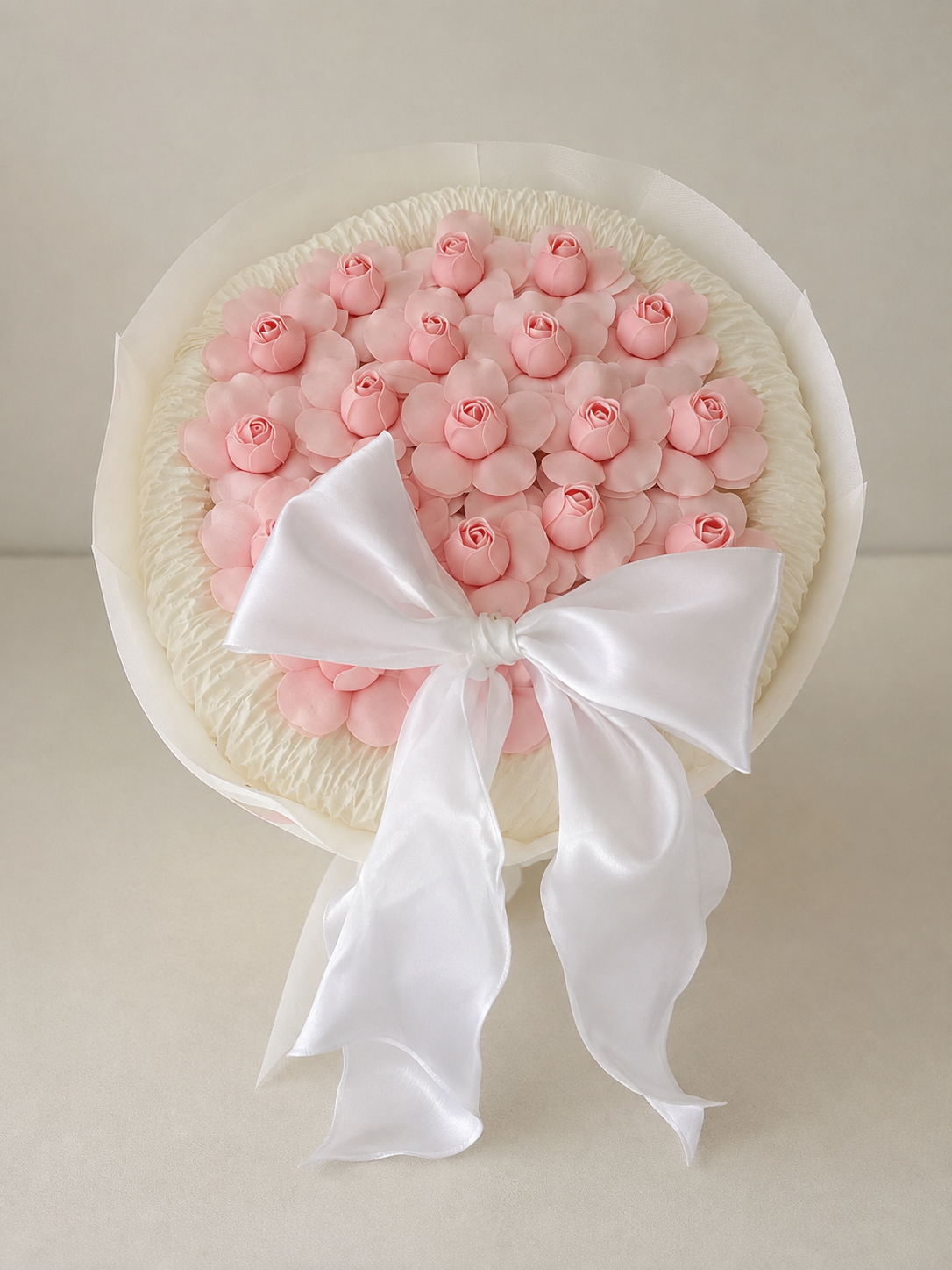 Pink Rosebud Ivory Bow Bouquet, front view; AI design illustration