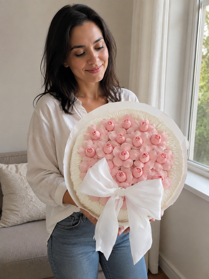 Pink Rosebud Ivory Bow Bouquet, person-held angled view; AI design illustration