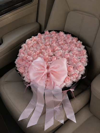 Pink Rosebud Velvet Grande Bouquet, high-angle car view; AI design illustration