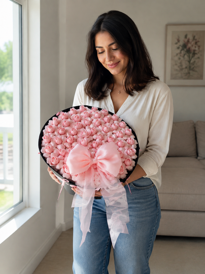 Pink Rosebud Velvet Grande Bouquet, person-held angled view; AI design illustration