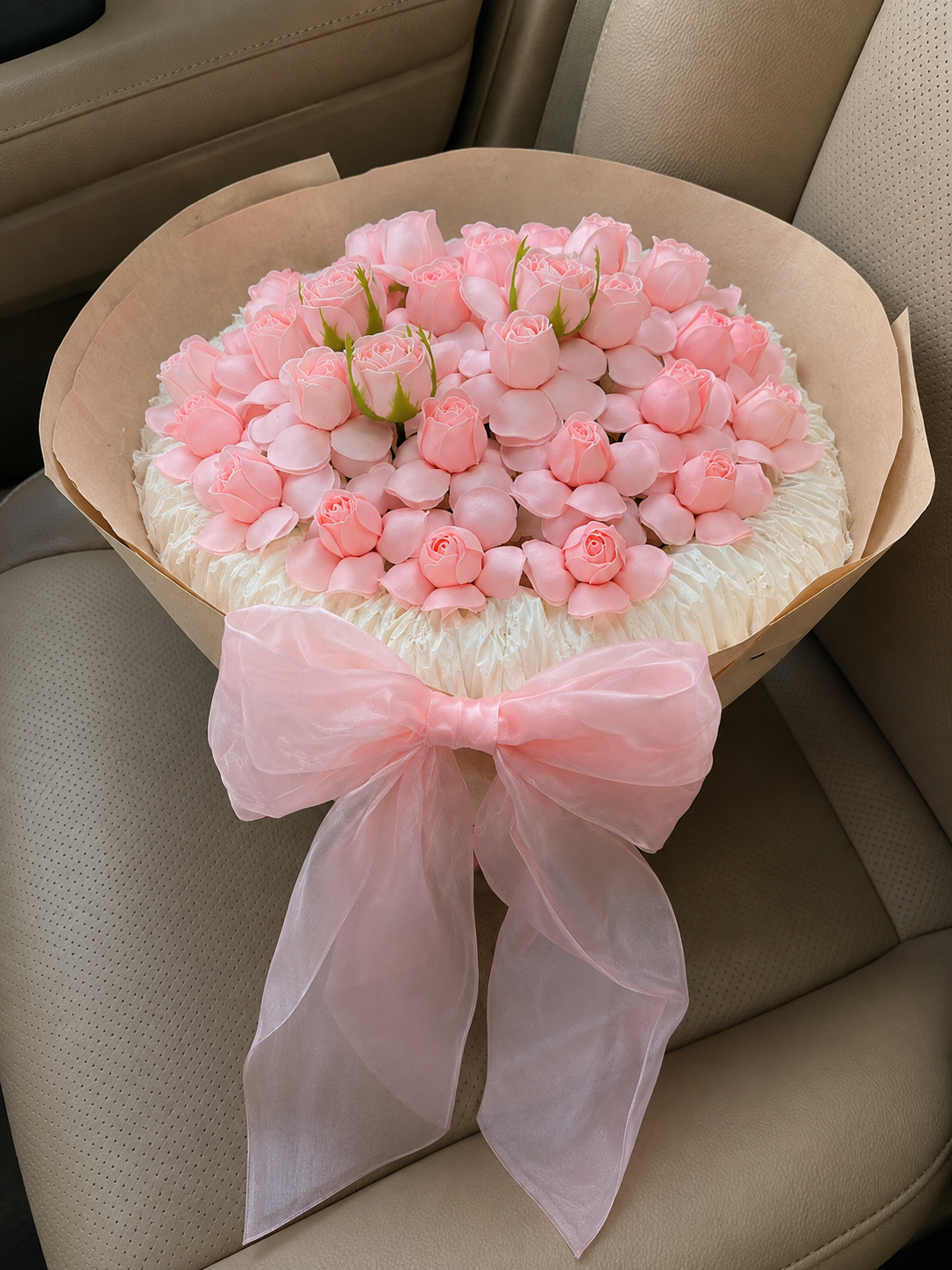 Pink Tulip Cloud Bouquet, high-angle car view; AI design illustration