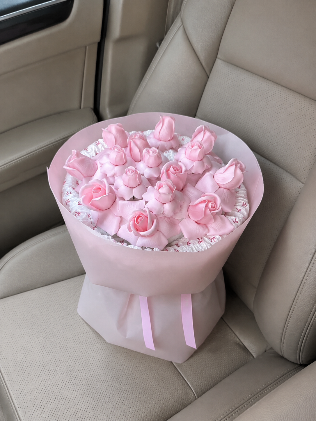Pink Tulip Posy Bouquet — car view; AI-assisted design illustration