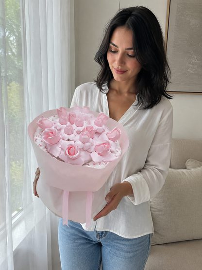 Pink Tulip Posy Bouquet — person view; AI-assisted design illustration
