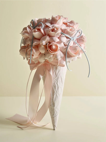 Pink Tulip Ribbon Small Bouquet, Small, front view; AI design illustration