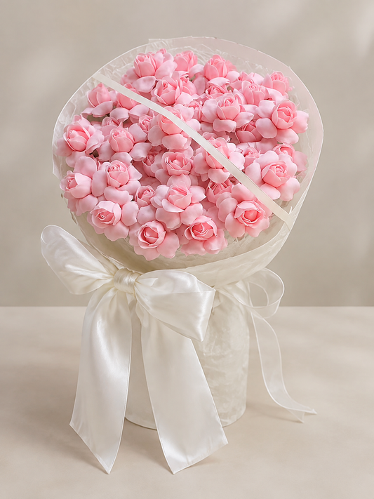 Pink Tulip Rose Ivory Grande Bouquet, front view; AI design illustration