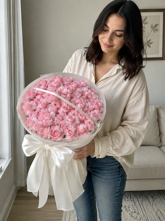 Pink Tulip Rose Ivory Grande Bouquet, person-held angled view; AI design illustration