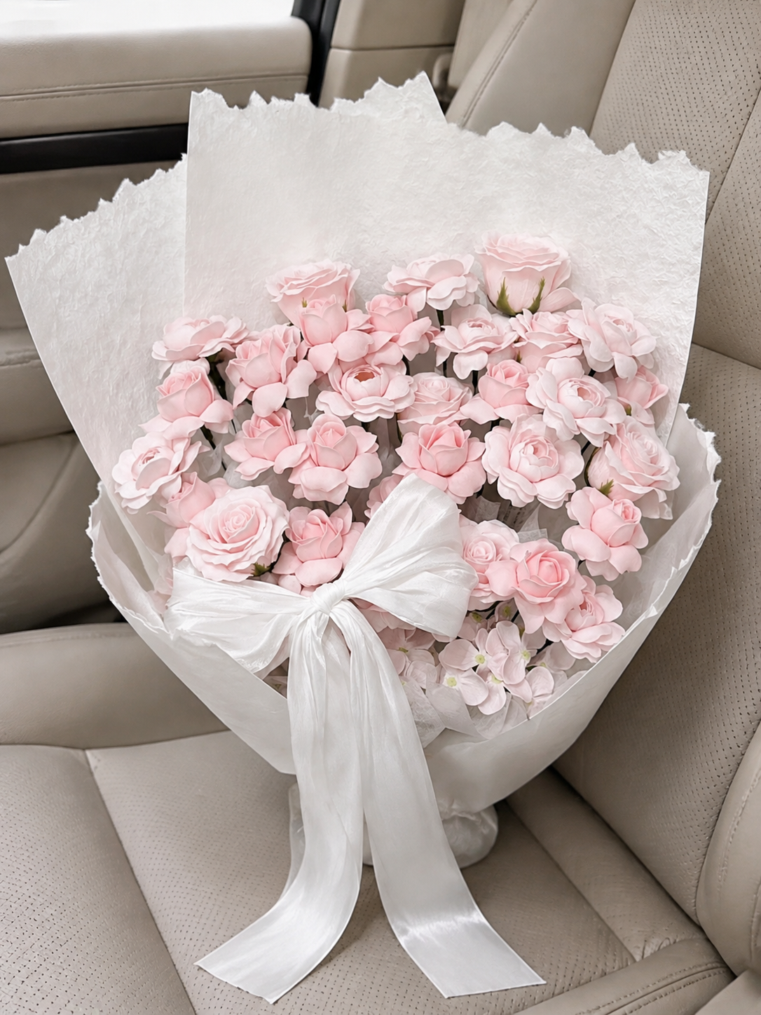 Pink Tulip Rose Ruffle Bouquet, high-angle car view; AI design illustration