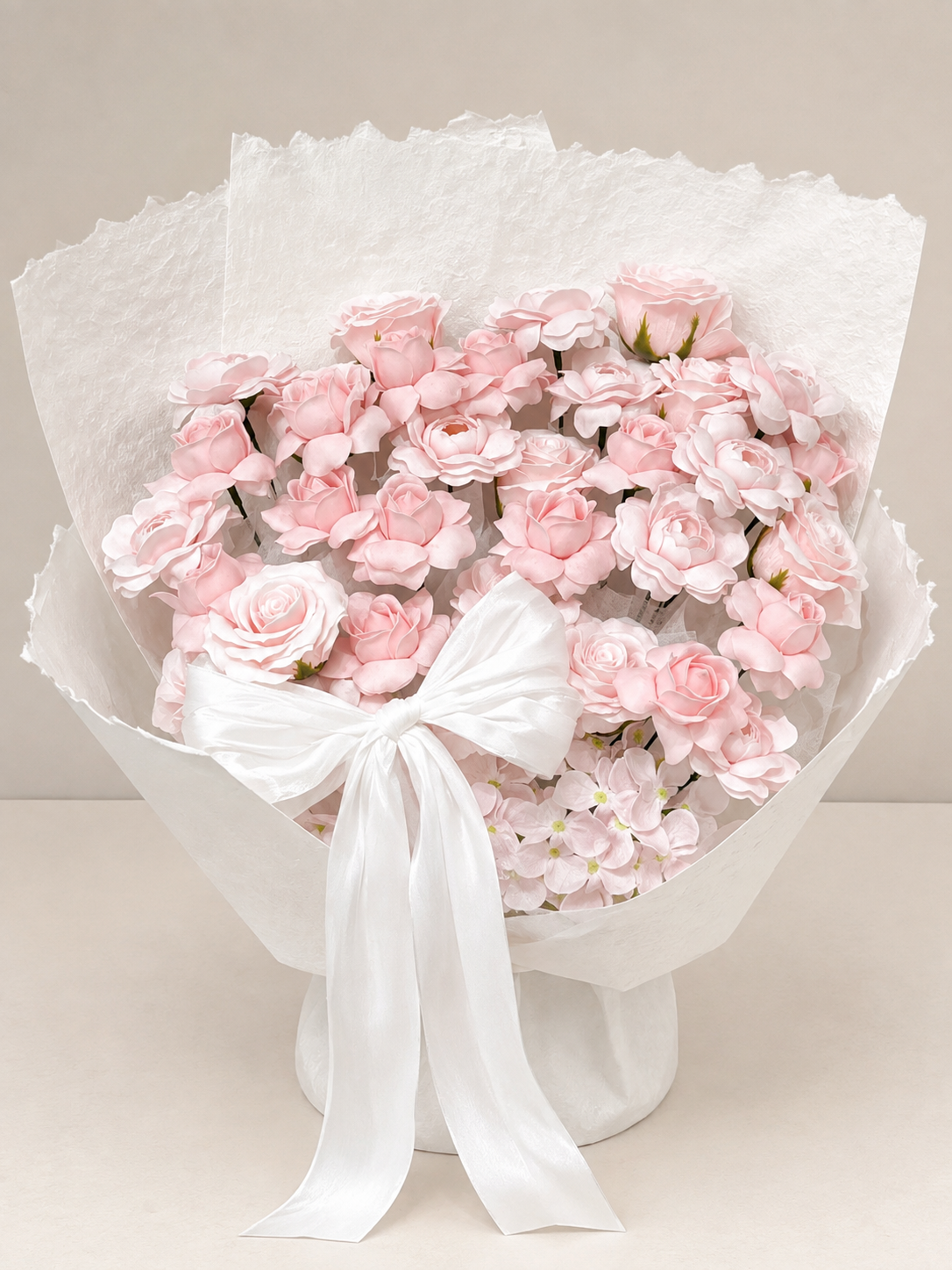 Pink Tulip Rose Ruffle Bouquet, front view; AI design illustration