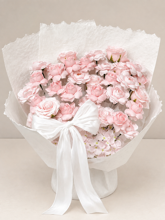 Pink Tulip Rose Ruffle Bouquet, front view; AI design illustration