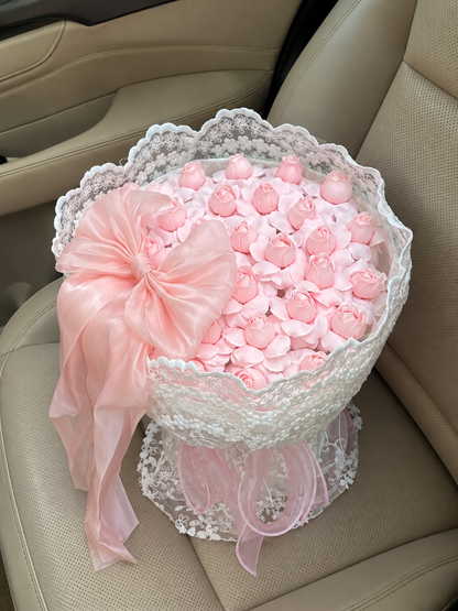 Pink Tulip Velvet Bow Lace Bouquet, high-angle car view; AI design illustration