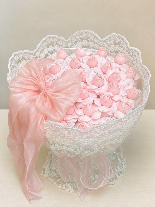 Pink Tulip Velvet Bow Lace Bouquet, front view; AI design illustration
