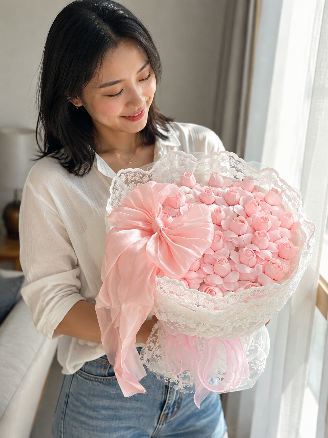 Pink Tulip Velvet Bow Lace Bouquet, person-held angled view; AI design illustration