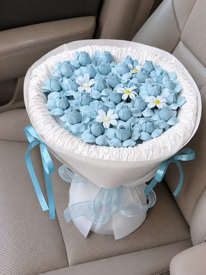 Powder Blue Tulip Daisy Bouquet, high-angle car view; AI design illustration