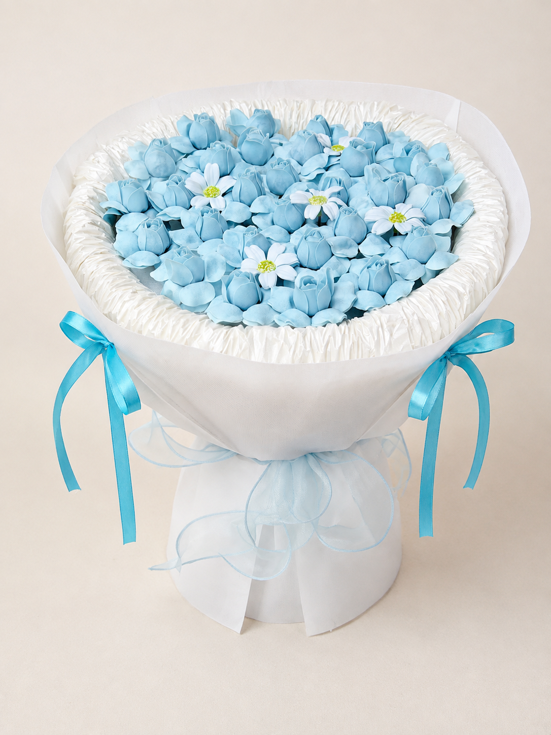 Powder Blue Tulip Daisy Bouquet, front view; AI design illustration