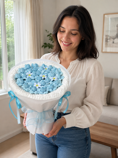 Powder Blue Tulip Daisy Bouquet, person-held angled view; AI design illustration